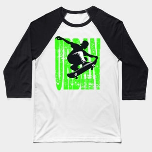 Dynamic Skateboarder Silhouette on Grunge Green Baseball T-Shirt